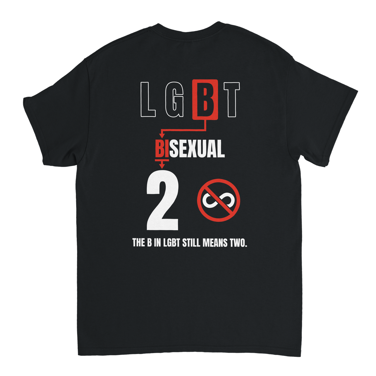 Back of the black Enrichden tee with the LGBT Bisexual 2 print: The B in LGBT still means two