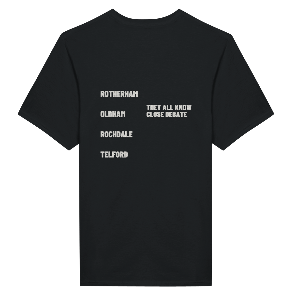 Rotherham Oldham Rochdale Telford (They All Know) T-shirt – back