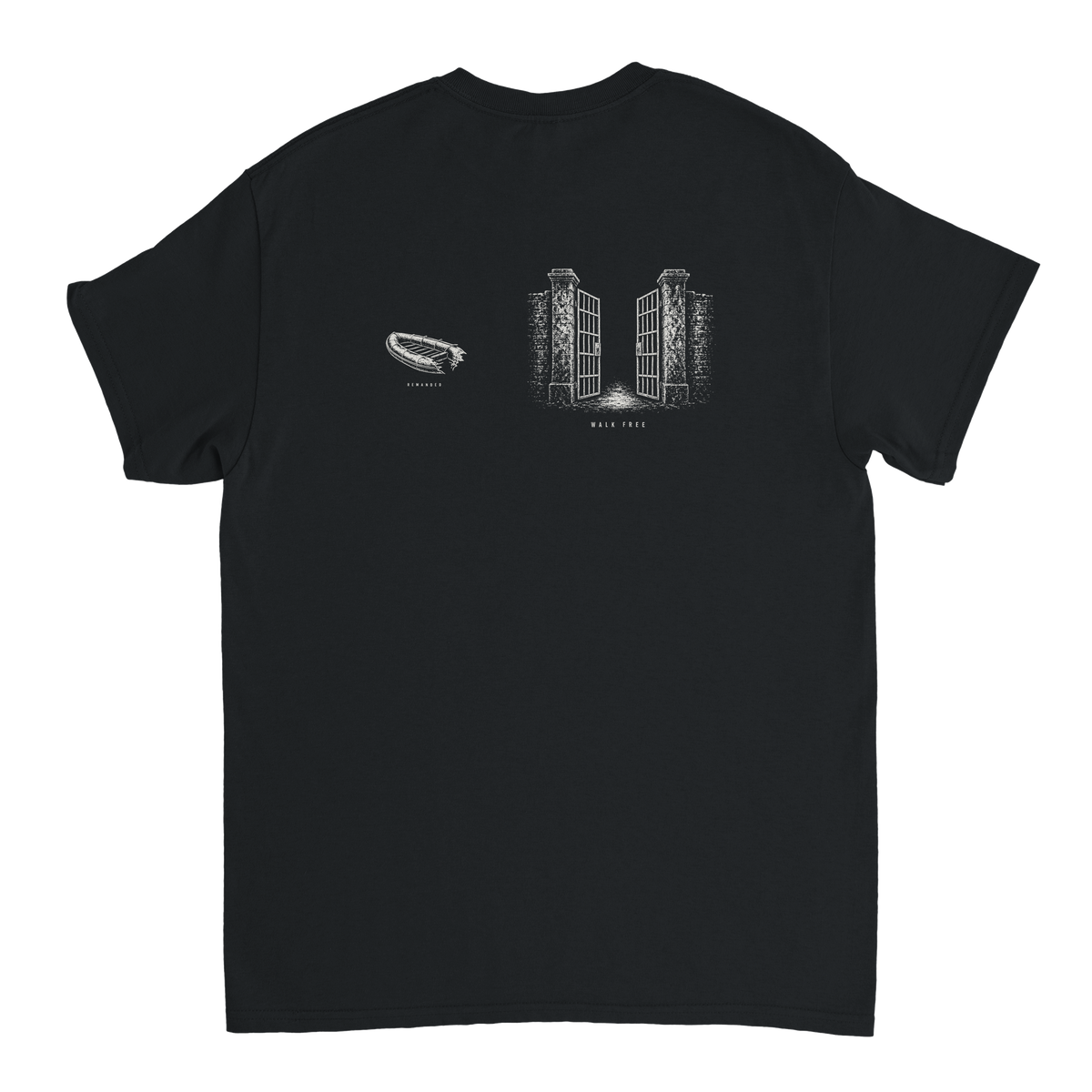 Boat and Open Gate – black T-shirt, flat back