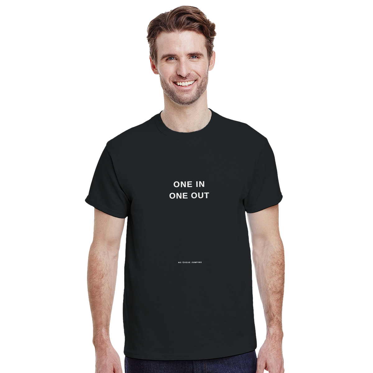 Model wearing the One In One Out slogan T-shirt in black, front