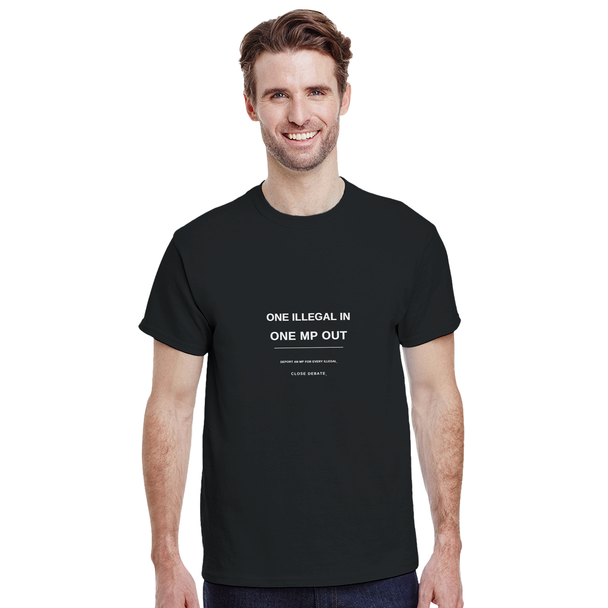 Model wearing the One Illegal In, One MP Out slogan T-shirt in black, front