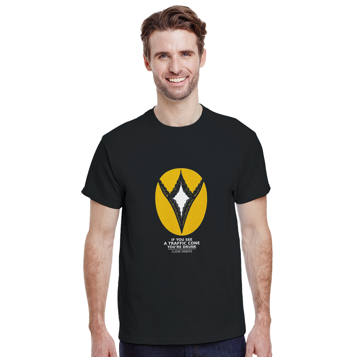 Model wearing the If You See A Traffic Cone You're Drunk slogan T-shirt in black, front