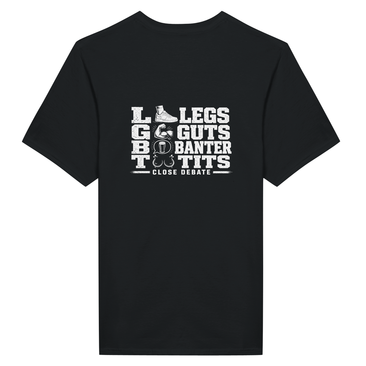 I Support LGBT (Legs Guts Banter Tits) slogan T-shirt in black, back