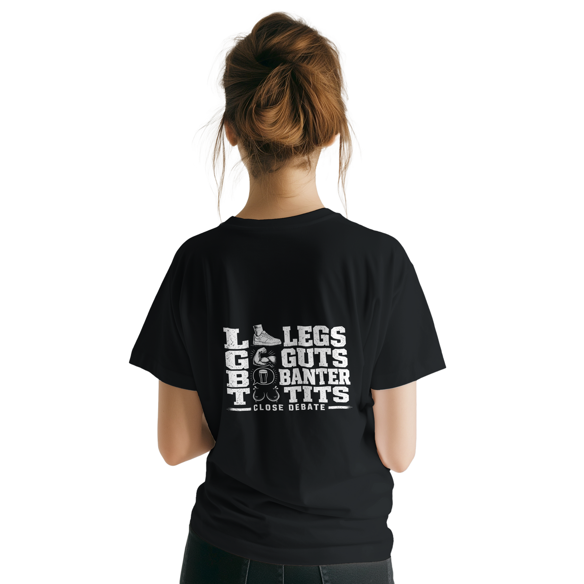 Woman wearing the I Support LGBT (Legs Guts Banter Tits) slogan T-shirt in black, back