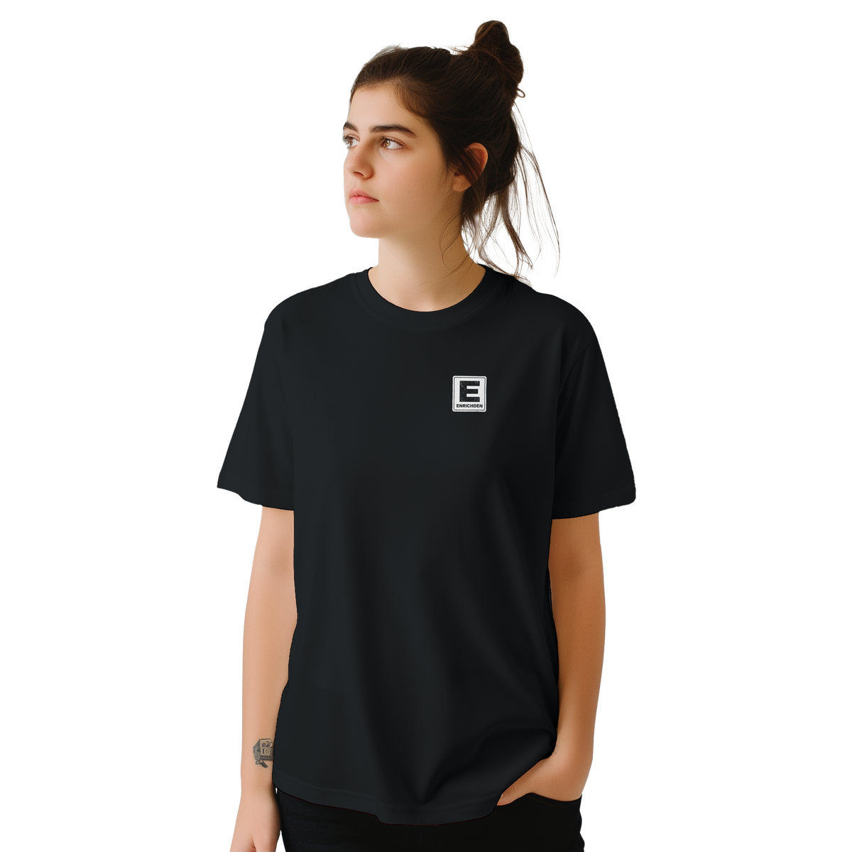 Woman wearing the I Support LGBT (Legs Guts Banter Tits) slogan T-shirt in black, front