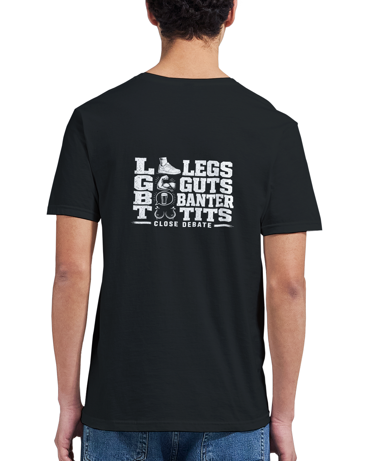 Man wearing the I Support LGBT (Legs Guts Banter Tits) slogan T-shirt in black, back