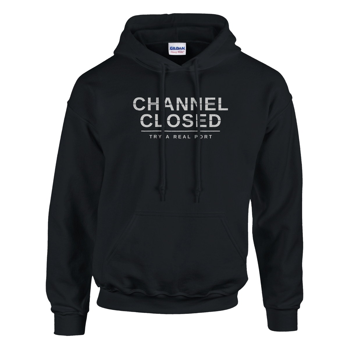 Channel Closed Hoodie – black hoodie, flat front