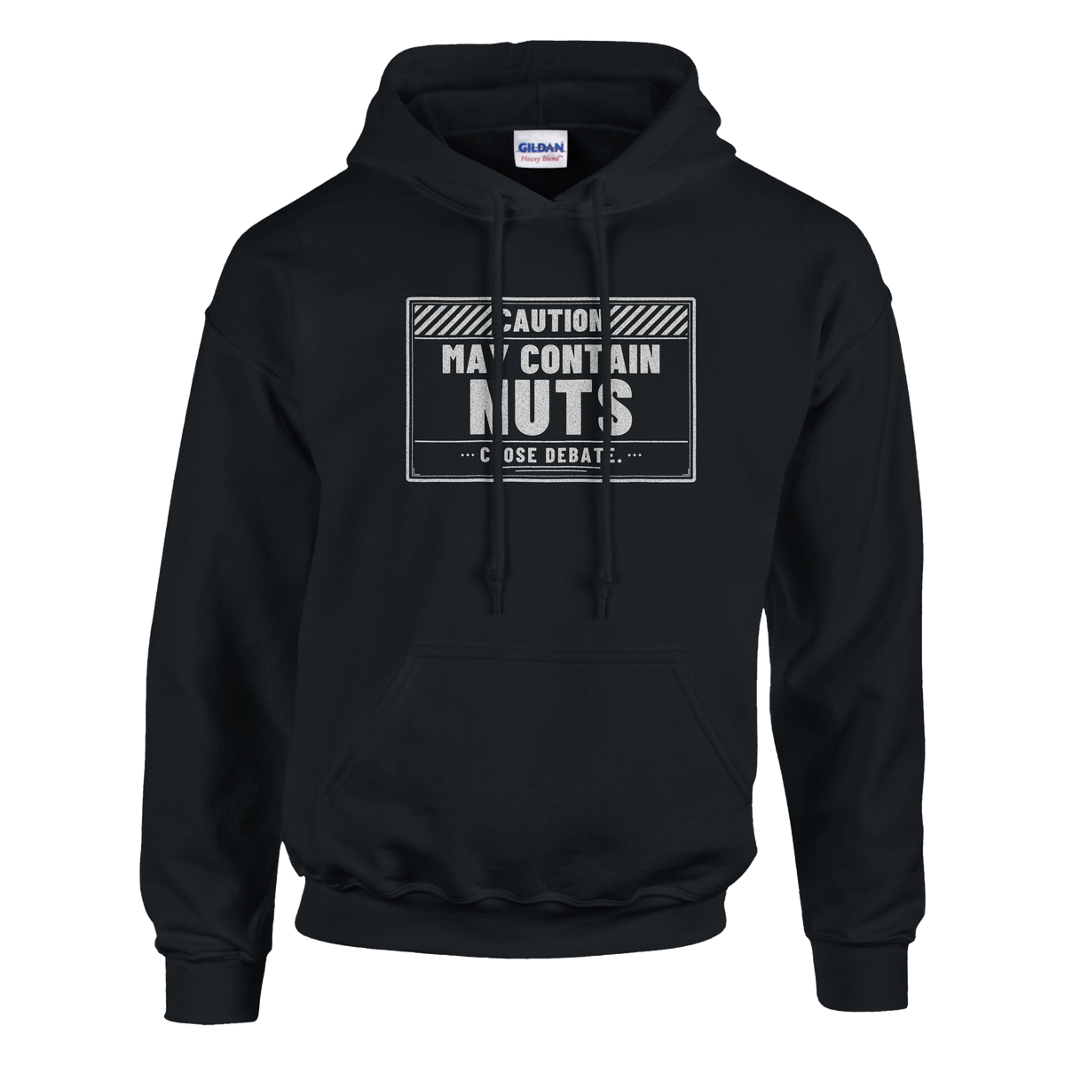 Caution May Contain Nuts Hoodie – black hoodie, flat front