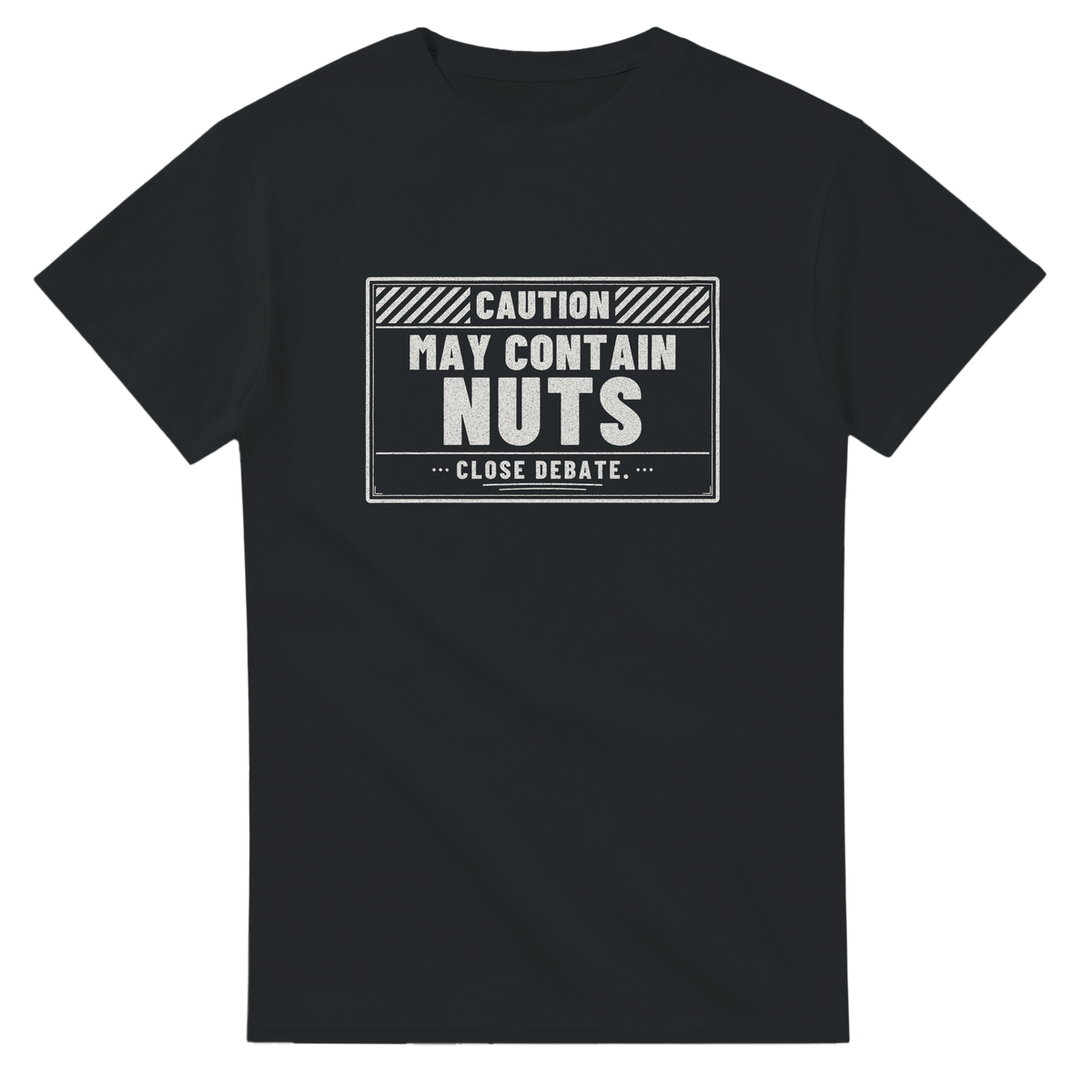 Caution May Contain Nuts – black T-shirt, flat front