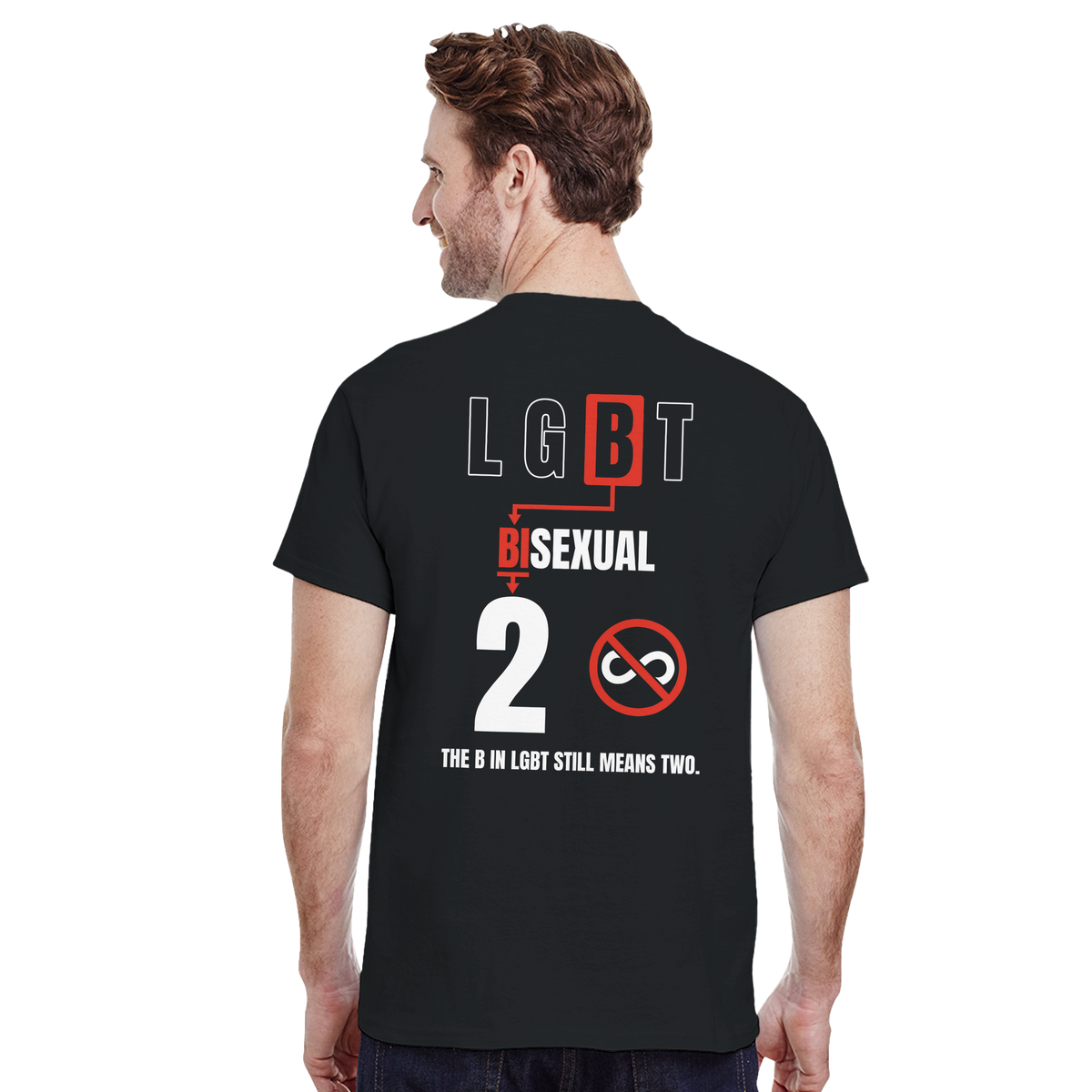 Model wearing the black Enrichden tee from behind, showing the LGBT Bisexual 2 back print