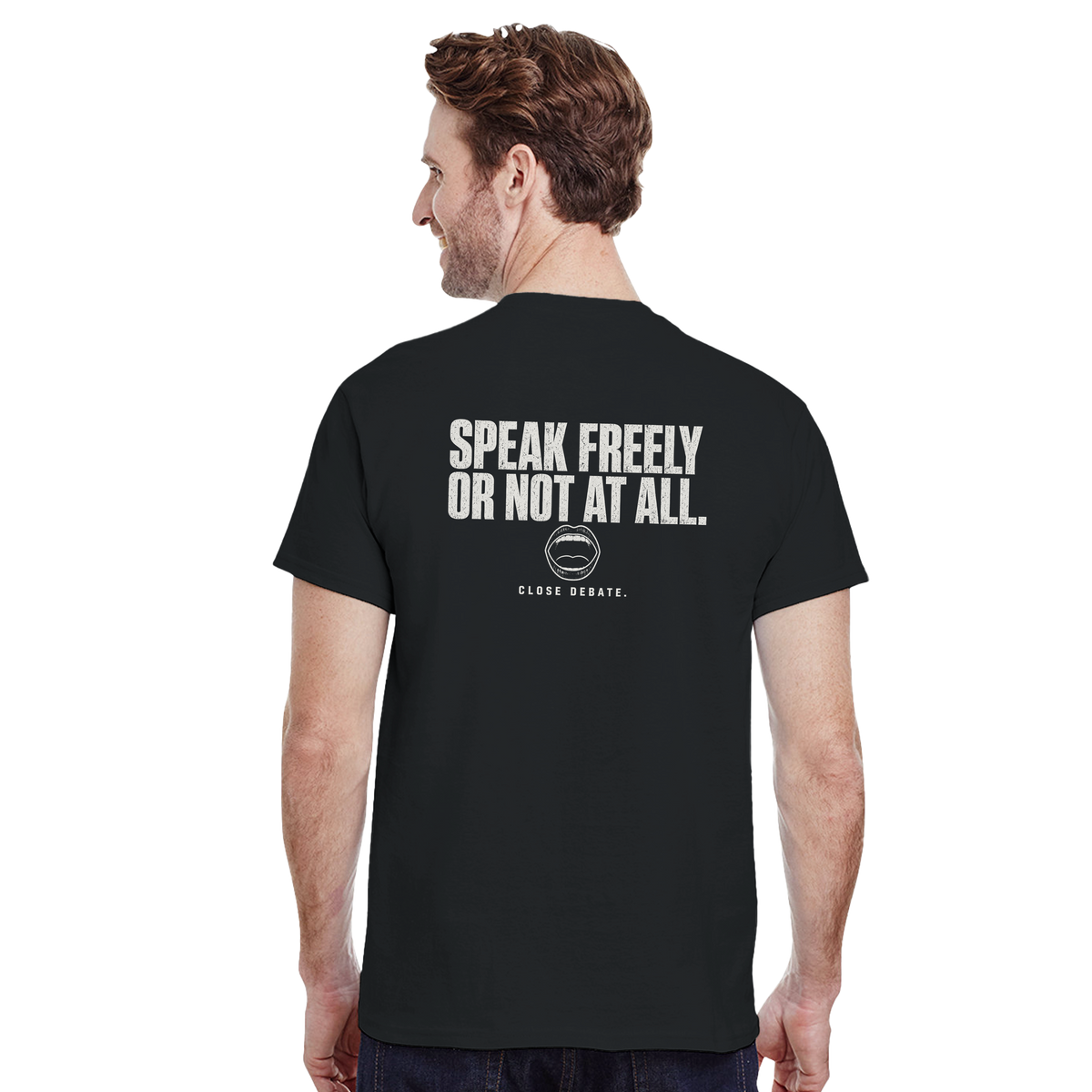 Speak Freely or Not at All – black T-shirt, back print, worn