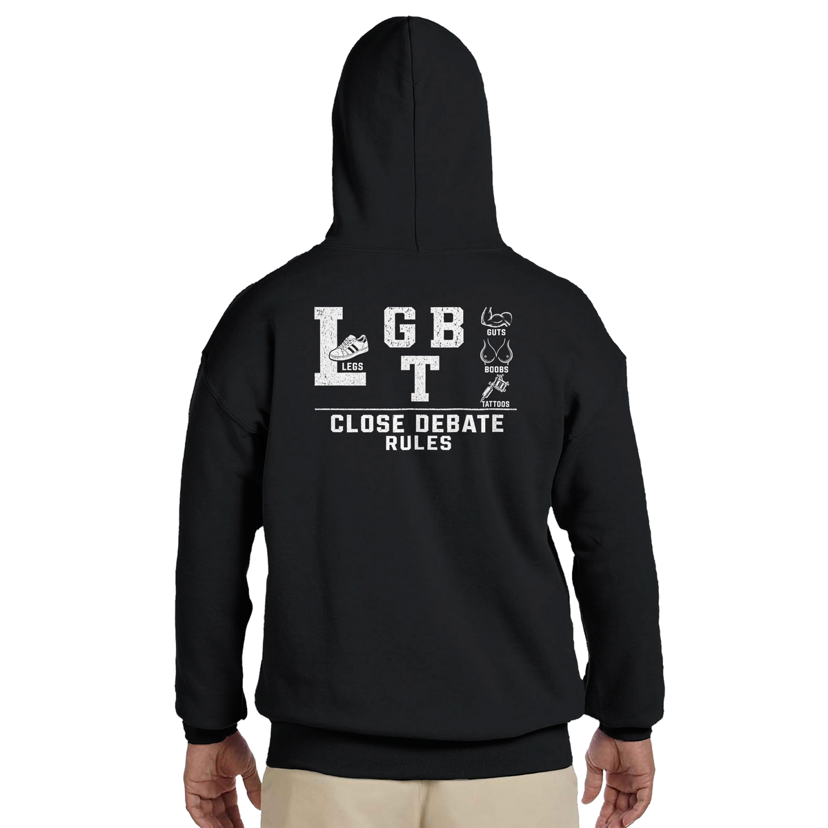 I Support LGBT (Legs Guts Boobs Tattoos) Hoodie – black hoodie, back print, worn
