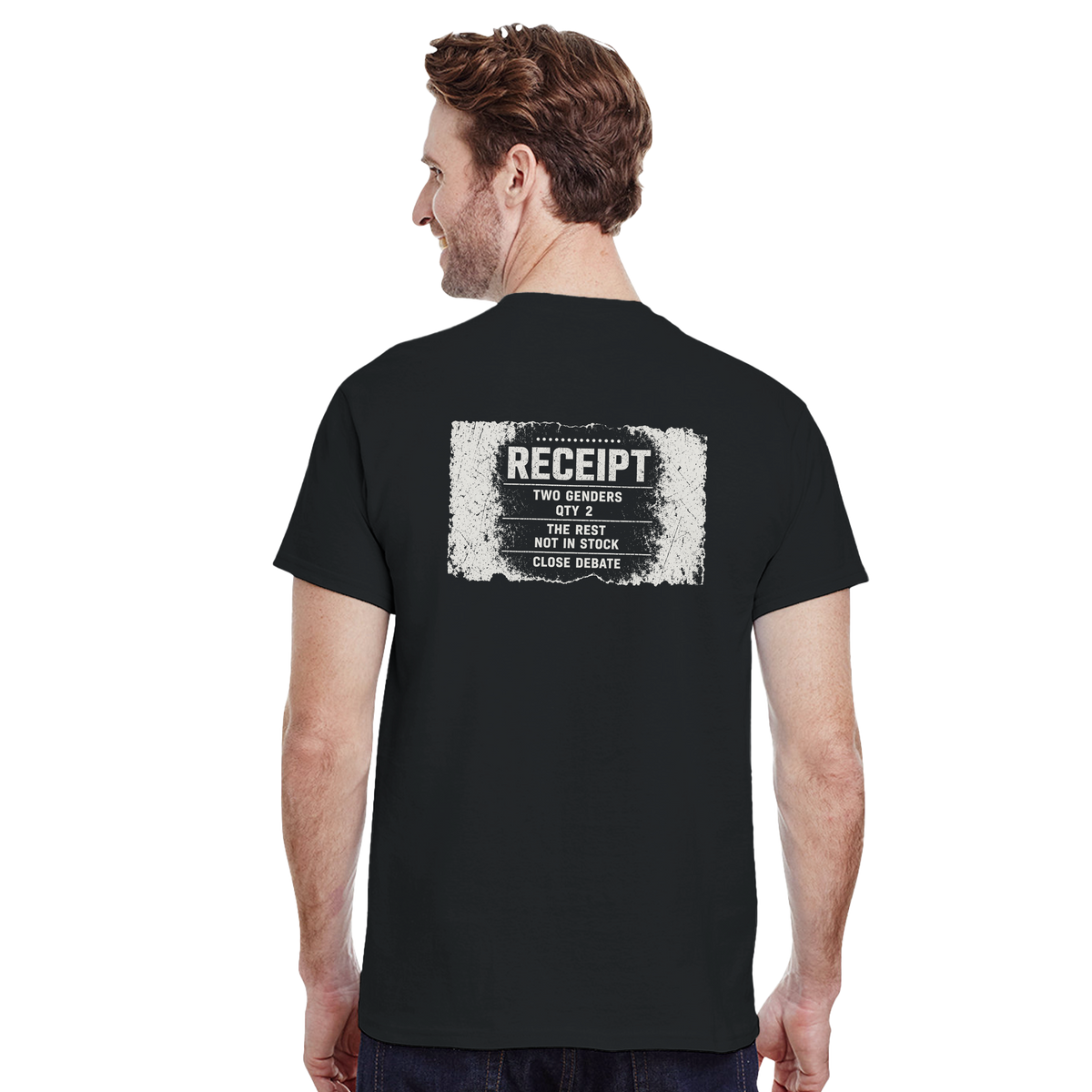 Two Genders Receipt – black T-shirt, back print, worn