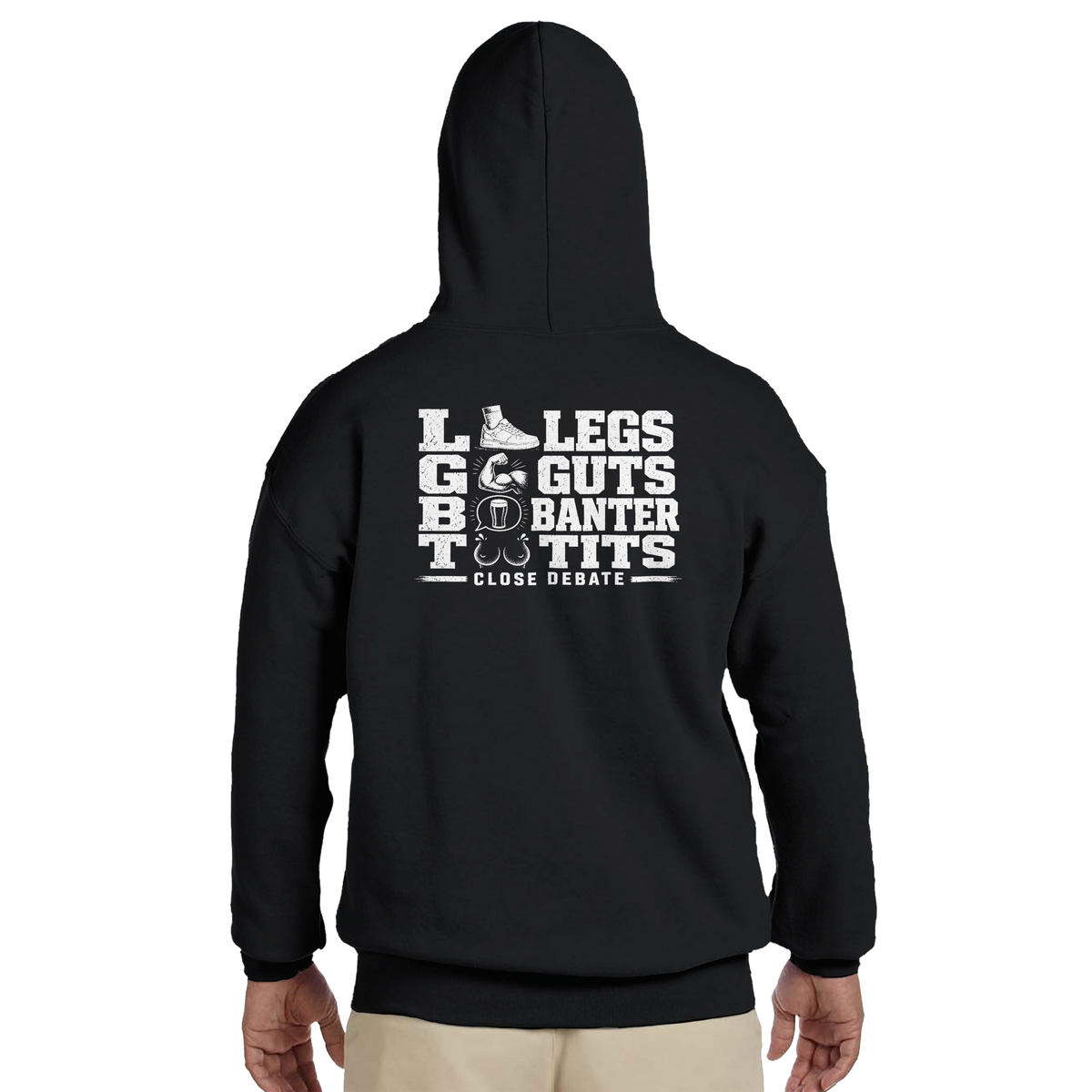 I Support LGBT (Legs Guts Banter Tits) Hoodie – black hoodie, back print, worn