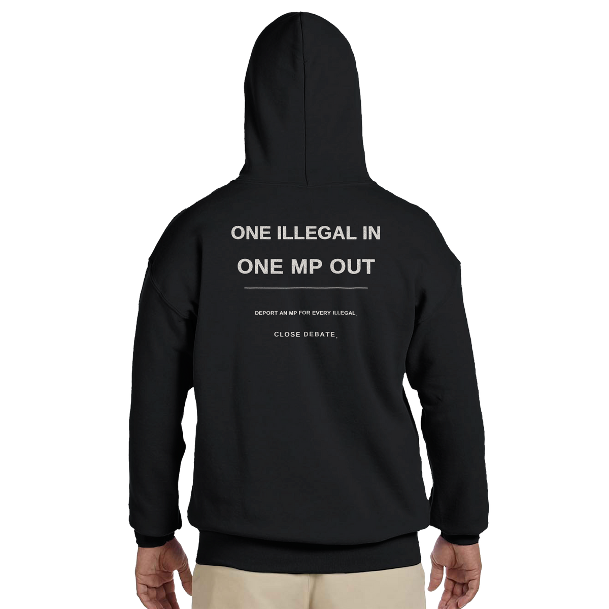 One Illegal In · One MP Out Hoodie – black hoodie, back print, worn