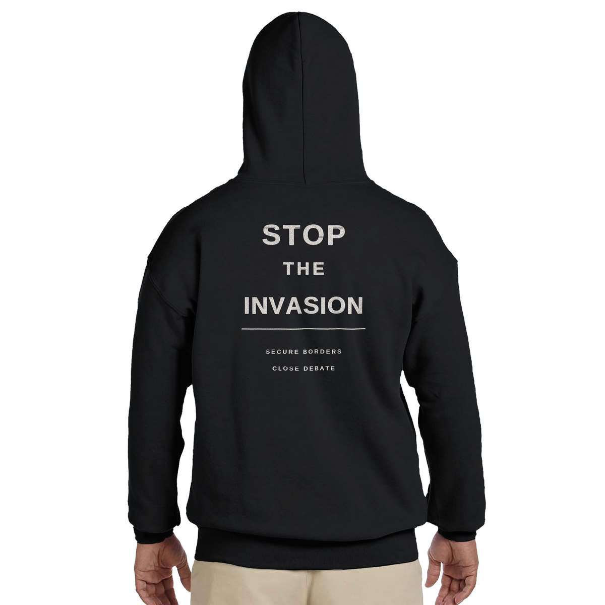 Stop The Invasion Hoodie – black hoodie, back print, worn