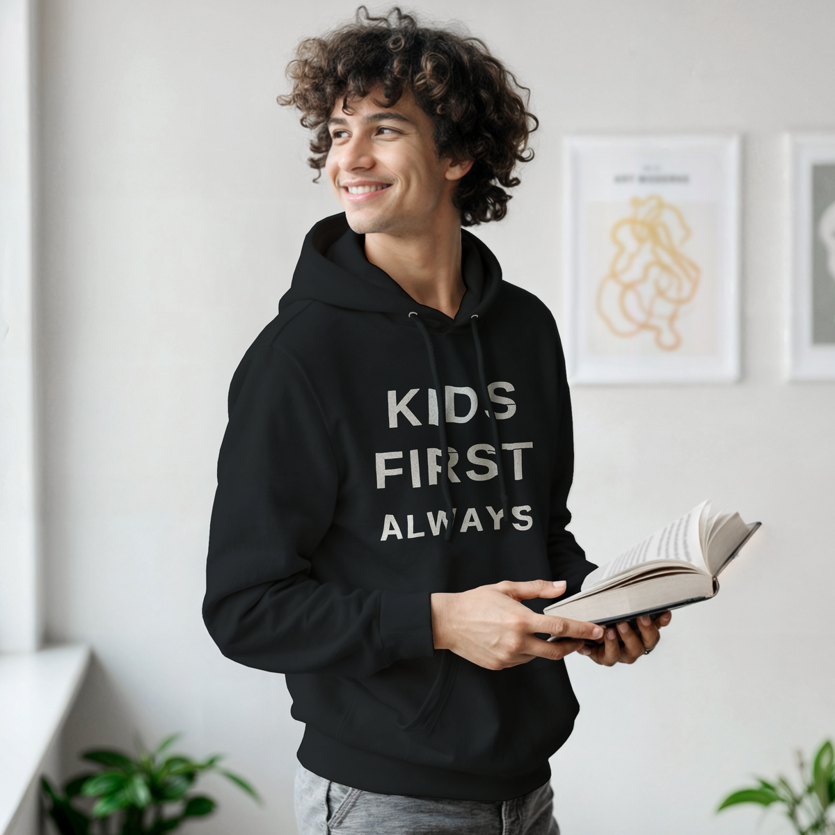 Kids First Always Hoodie – black hoodie, front print, worn