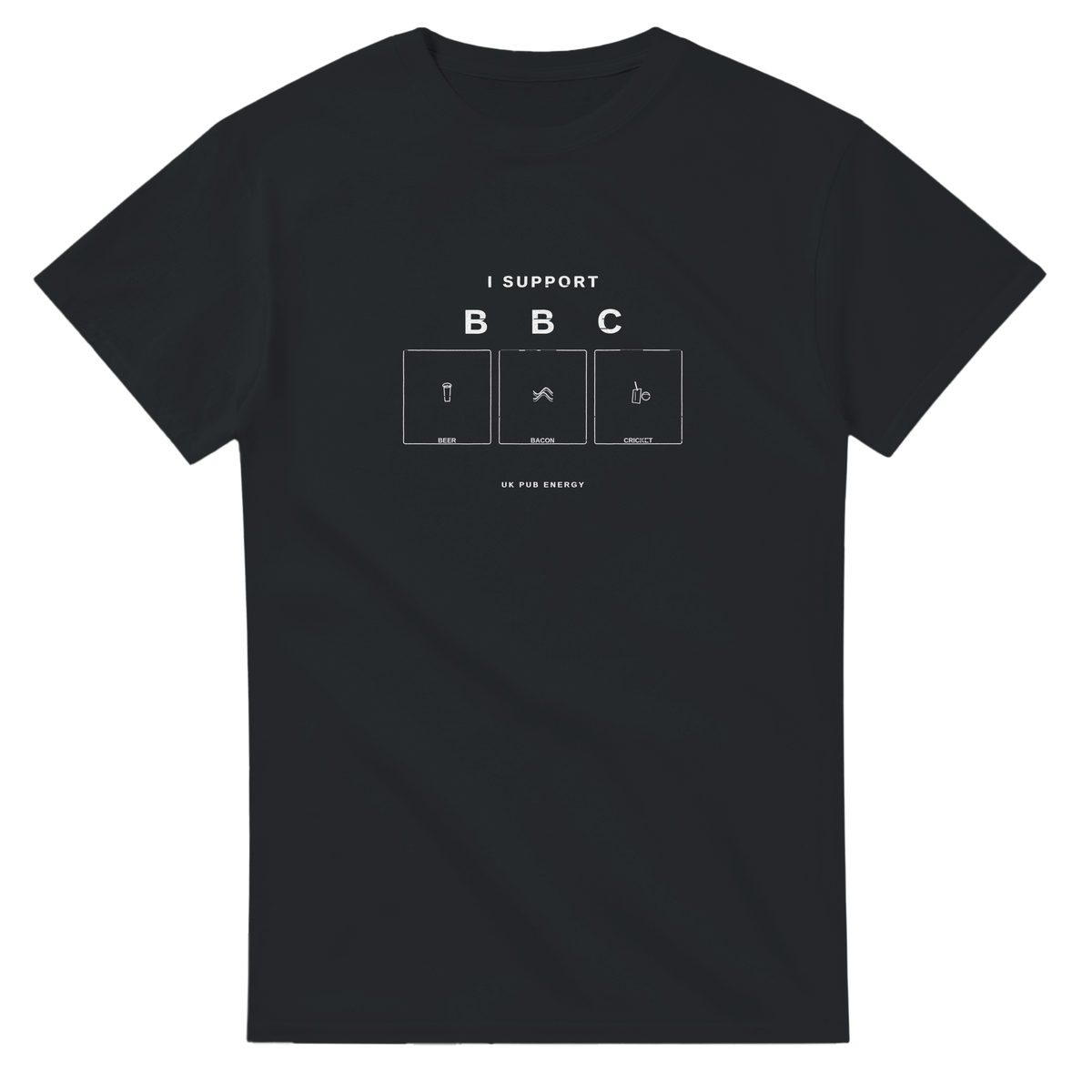 I Support BBC (Beer, Bacon, Cricket) slogan T-shirt in black, front