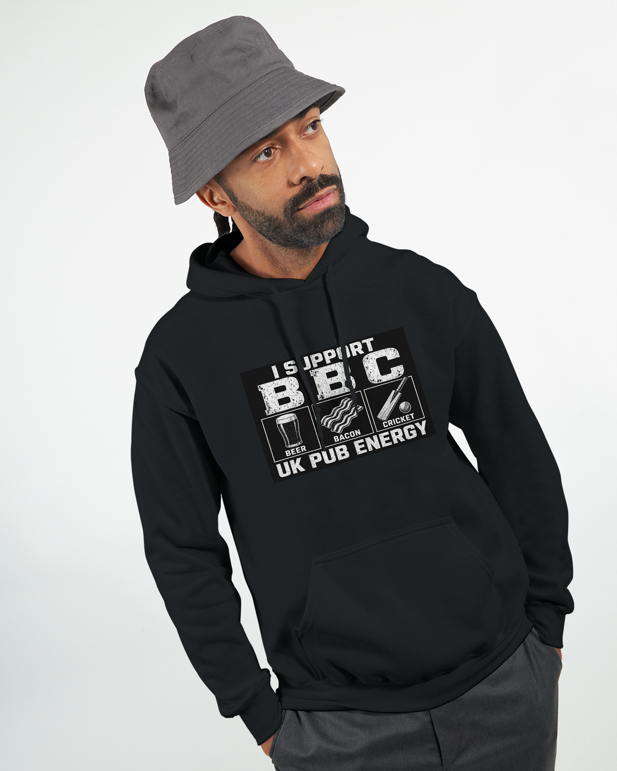Model wearing the I Support BBC (Beer, Bacon, Cricket) slogan hoodie in black, front