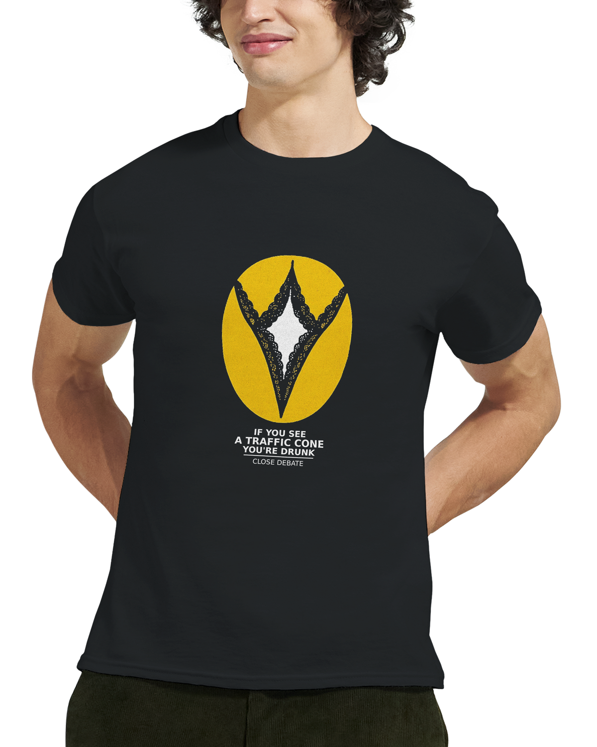 Model wearing the If You See A Traffic Cone You're Drunk slogan T-shirt in black, front
