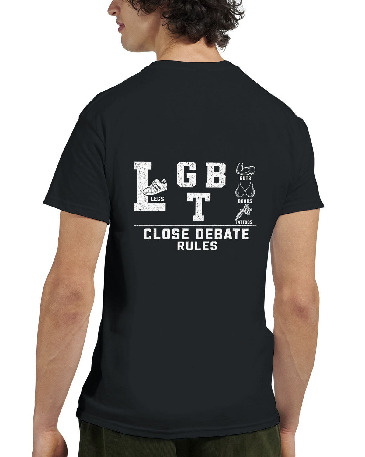 Model wearing the I Support LGBT (Legs Guts Boobs Tattoos) slogan T-shirt in black, back